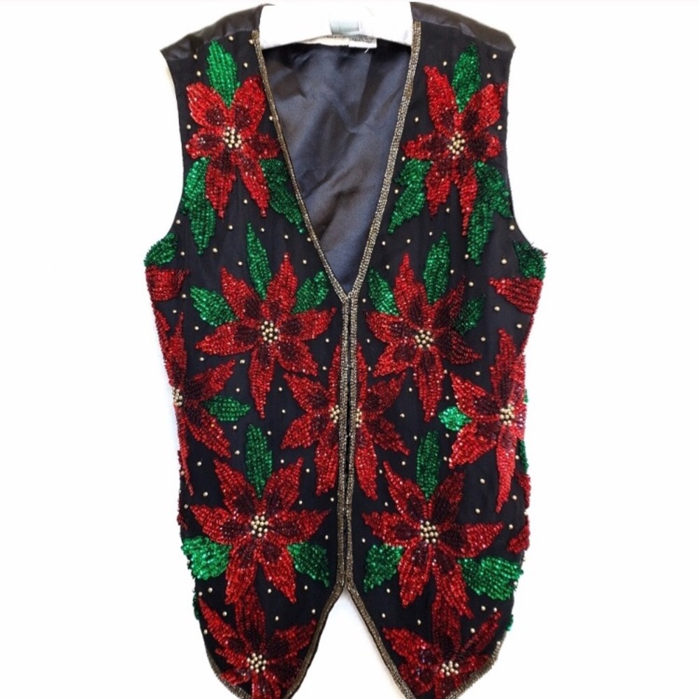 Scala Vintage VTG poinsettia bead sequin silk vest